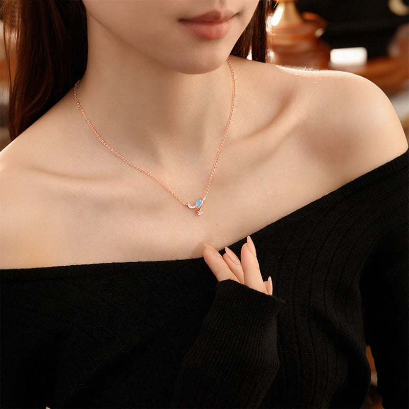 Original Design S925 Sterling Silver Necklace Women's Natural Topaz Starry Sky Stone Pendant Niche Star Moon Planet Clavicle Chain