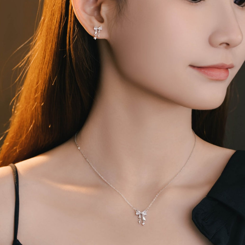 Bow Pure Silver 999 Necklace Women's Fashion All-Match Star Tassel Clavicle Chain Ins Little Red Book Same Pendant