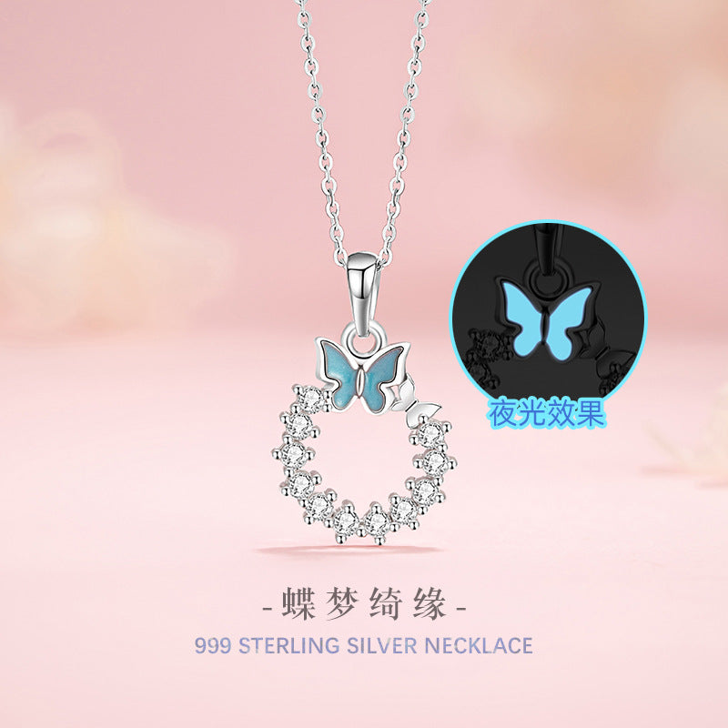 Butterfly Pure Silver 999 Luminous Necklace Female Sweet Cute Garland Zircon Clavicle Chain Small Red Book Same Pendant