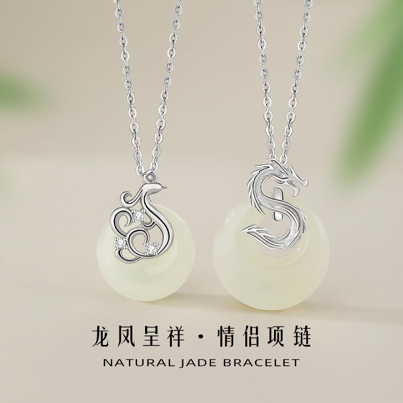 Original S925 Sterling Silver Dragon and Phoenix Couple Necklace Mori Hetian Jade Princess Buckle Pendant Birthday Valentine's Day Gift