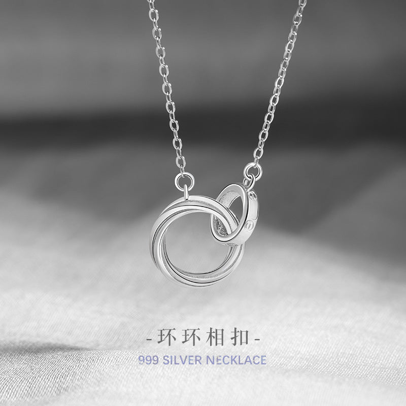 Mobius Ring Pure Silver 999 Necklace Fashion Versatile Double Ring Clavicle Chain Ins Style Ring Buckle Pendant