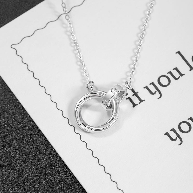 Mobius Ring Pure Silver 999 Necklace Fashion Versatile Double Ring Clavicle Chain Ins Style Ring Buckle Pendant
