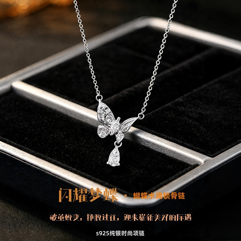S925 Sterling Silver Necklace Women's Light Luxury Relief Water Drop Shining Dream Butterfly Clavicle Chain Niche High Sense Valentine's Day Gift