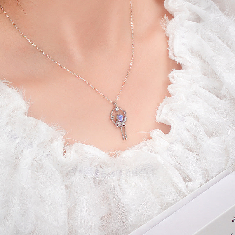New Chinese Style S925 Sterling Silver Necklace Female Moonstone Tassel Pendant National Style Clavicle Chain Light Luxury Jewelry Factory Wholesale