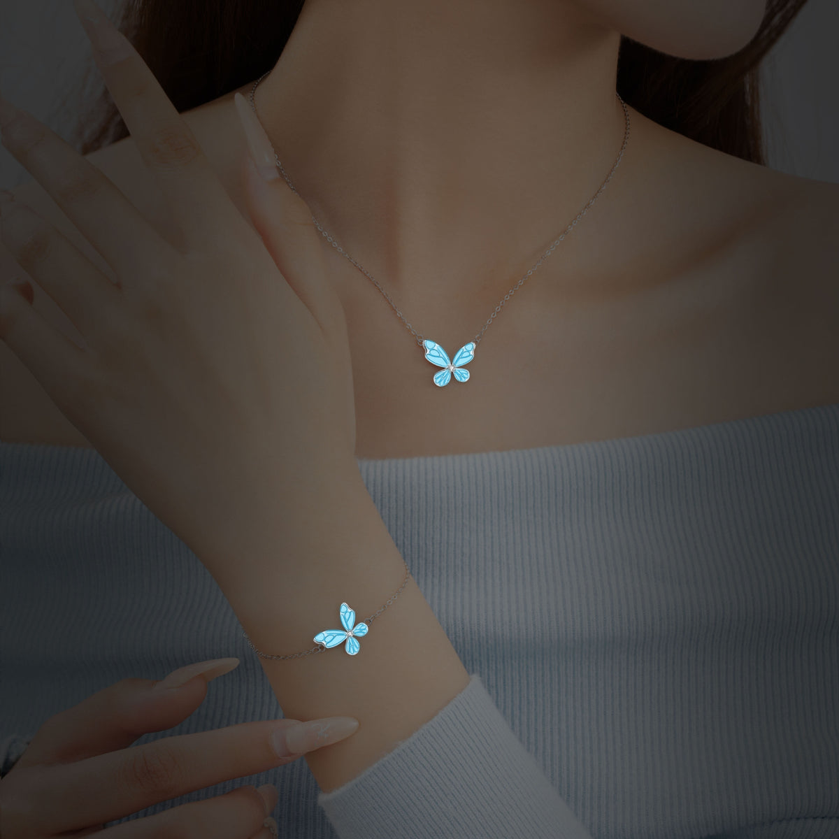 Butterfly Luminous Sterling Silver 925 Necklace Female Niche Design Light Luxury Zircon Clavicle Chain Ins Style Mori Pendant