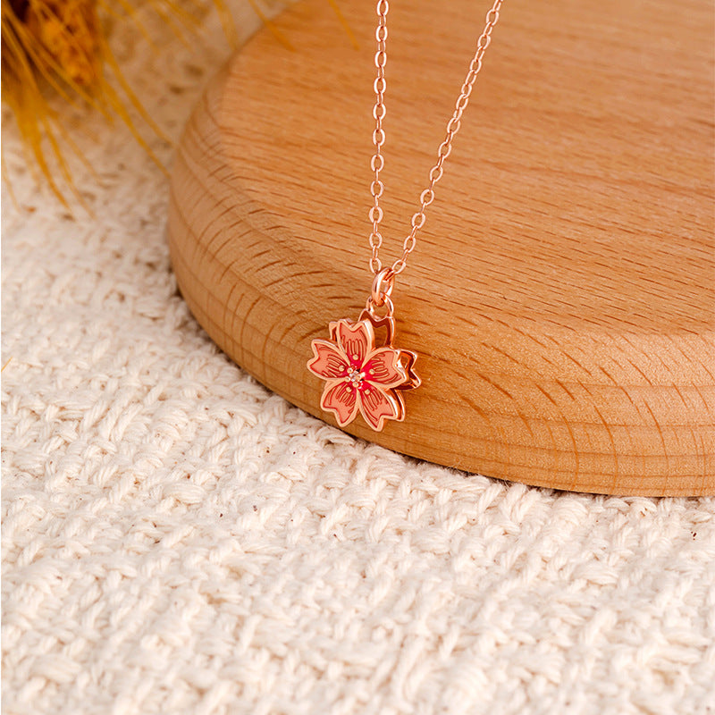 S925 Sterling Silver Rotating Cherry Blossom Necklace Female Rose Gold Niche Design Clavicle Chain Qixi Gift Jewelry Wholesale