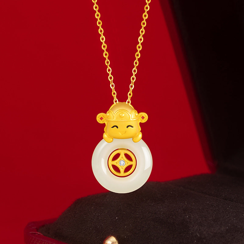 God of Wealth to Sterling Silver 925 Necklace Light Luxury High-Grade Hetian Jade Copper Coin Clavicle Chain Ins Style Safety Buckle Pendant