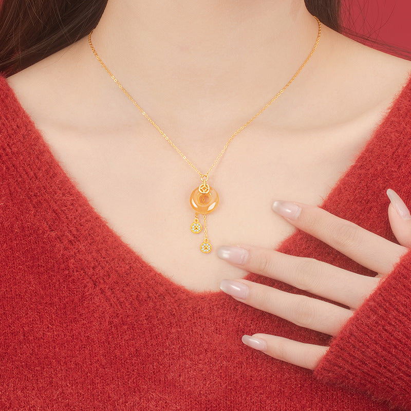 Coin Sterling Silver 925 Necklace Women's Fashion All-Match Sugar Onyx Peace Buckle Clavicle Chain Copper Coin Pendant