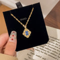 Rose Window Sterling Silver 925 Necklace Vintage Cloth Style Blue Zircon Clavicle Chain Light Luxury High-Grade Square Sugar Pendant