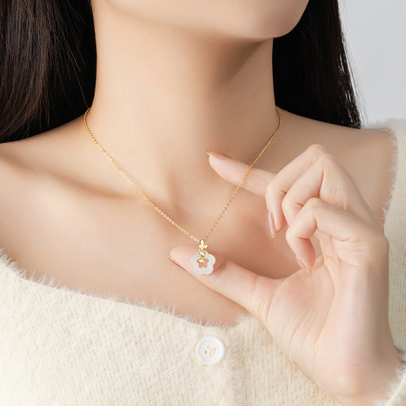 Butterfly Sterling Silver 925 White Jade Necklace Women's Fashion Versatile Flower-like Brocade Clavicle Chain Ins Style Plum Pendant