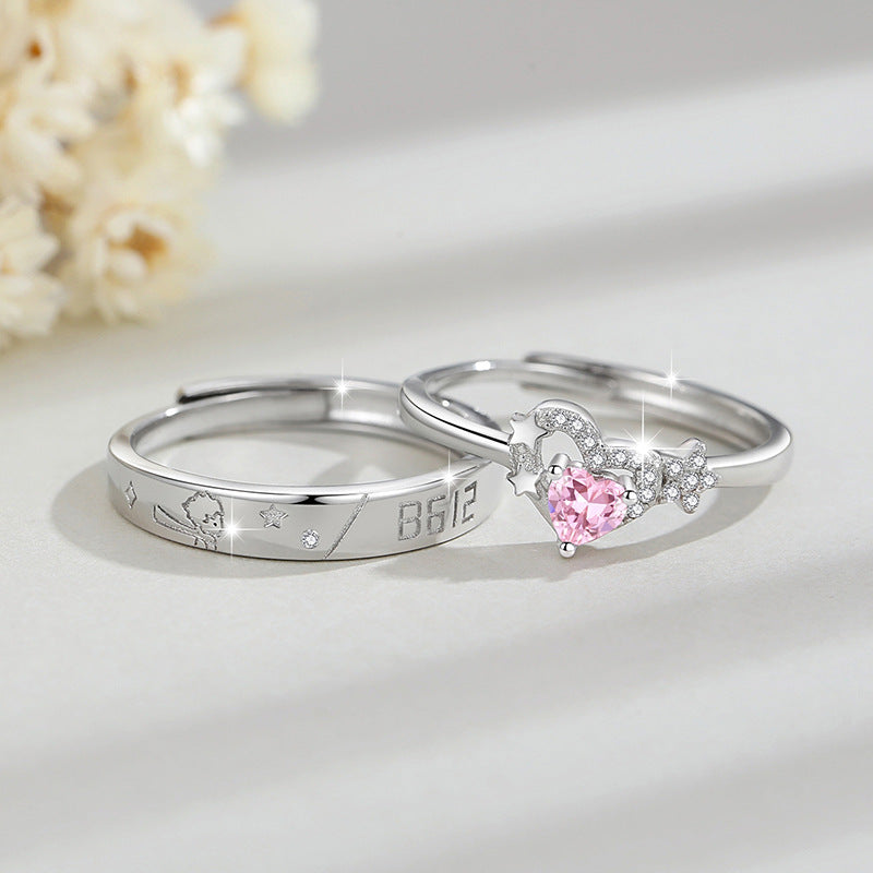 Little Prince and Rose Sterling Silver 925 Couple Ring Men and Women Fashion All-Match Love Ring Star Ring