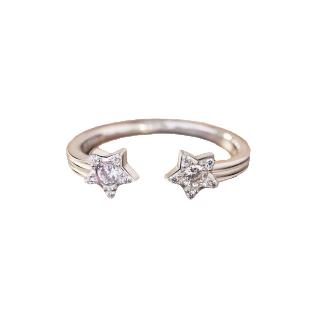 Meteor Shower Sterling Silver 925 Ring Female Fashion Versatile Star Zircon Plain Ring Ins Style Sweet Five-Pointed Star Ring