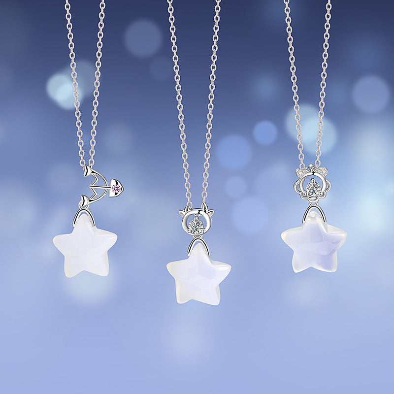 Twelve Constellation Sterling Silver 925 Necklace Female Niche Design Light Luxury Chalcedony Clavicle Chain Ins Style Five-Pointed Star Pendant