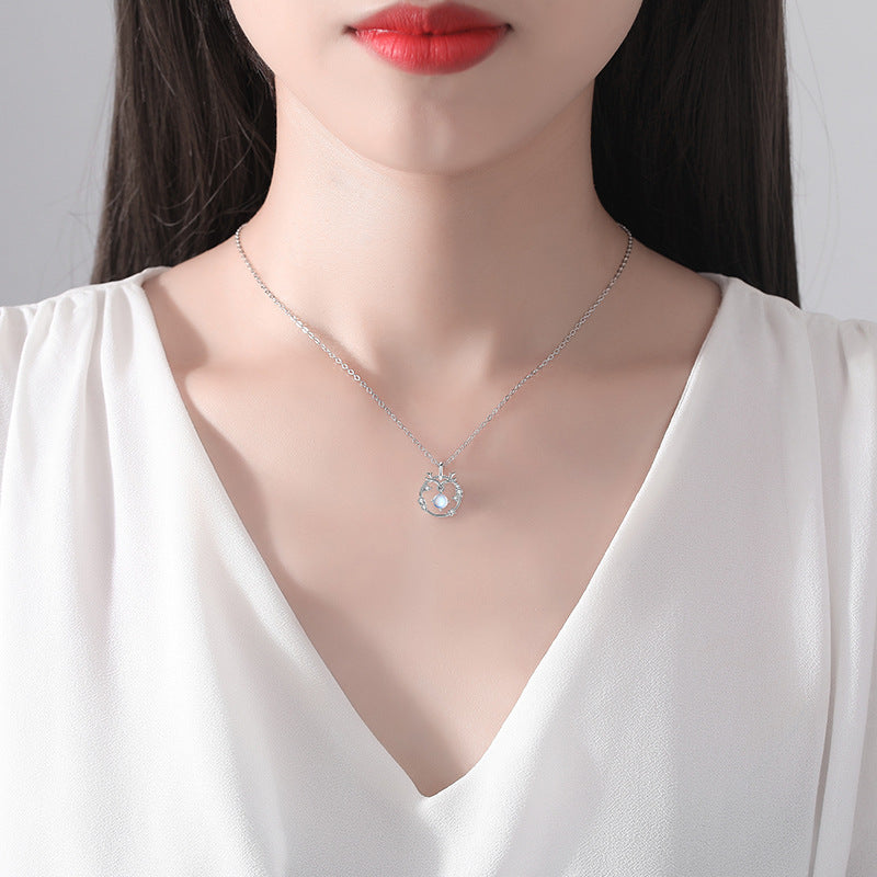 Mori Antler Necklace Ring Moonstone Pendant Niche S925 Silver Jewelry One Deer Accompanied Valentine's Day Gift Wholesale