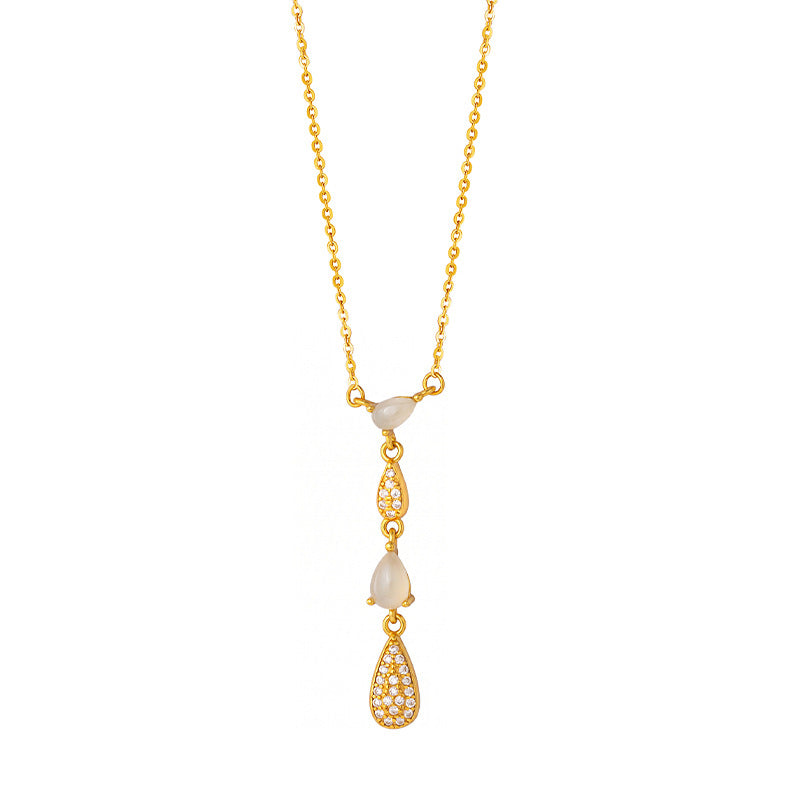 New Chinese Style Natural Hetian Jade White Chalcedony S925 Sterling Silver Necklace Elegant All-Match Water Drop Tears Tassel Clavicle Chain