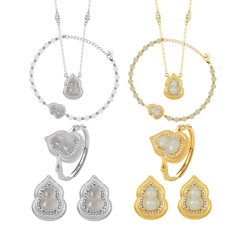 New Chinese Hetian Jade White Chalcedony Fu Lu Gourd Set S925 Sterling Silver Necklace Bracelet Ring Earrings Four-Piece Set