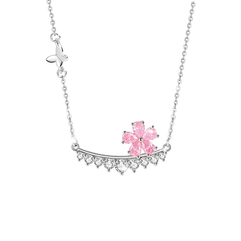 Cherry Blossom Sterling Silver 925 Necklace for Women, Niche Design, Light Luxury Zircon Clavicle Chain, INS Style Flower Pendant