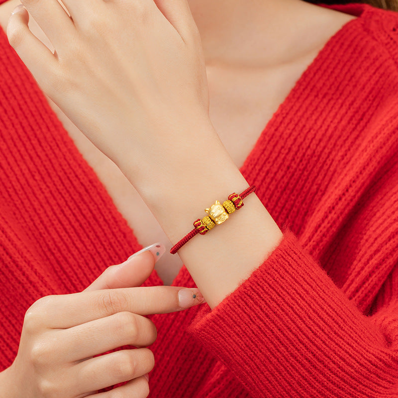Twelve Zodiac Pure Silver 999 Woven Red Bracelet Light Luxury High-Grade Sense Birth Year Bracelet Ins Style Horse Year Bracelet