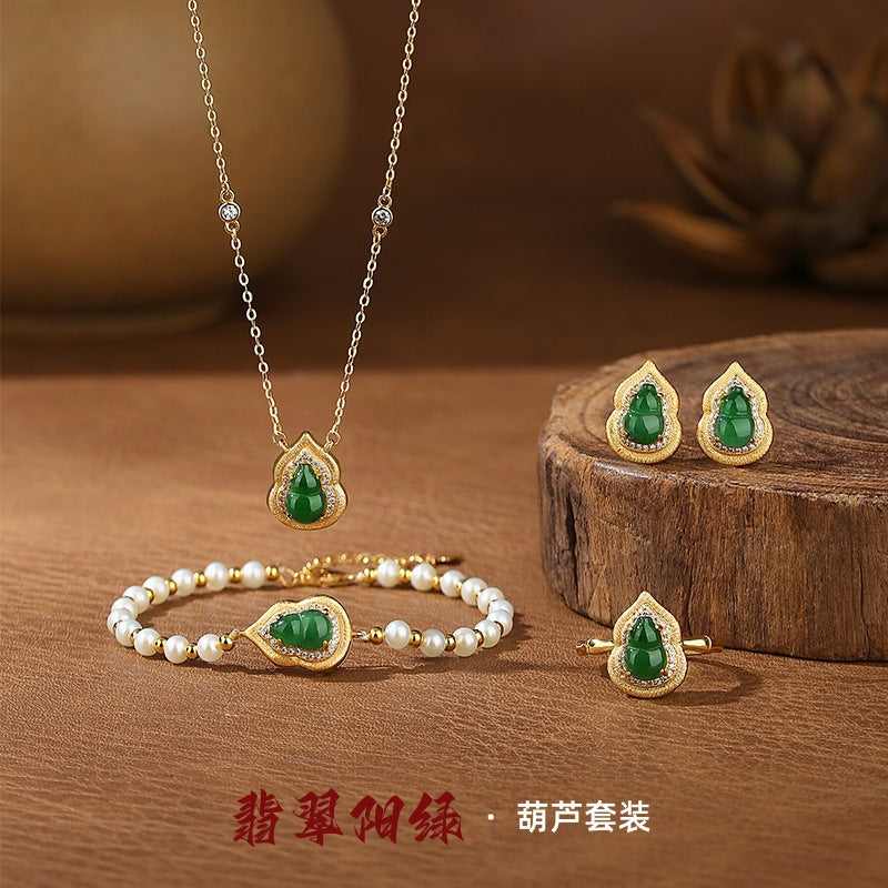 Natural Dangerous Material Green Blue Water Fu Lu Gourd Set S925 Sterling Silver Freshwater Pearl Necklace Bracelet Ring Earrings