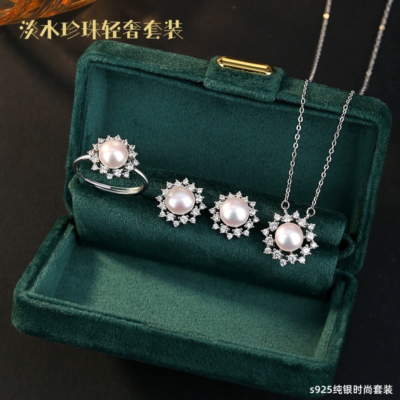 Freshwater Pearl S925 Sterling Silver Necklace Earrings Ring Set Bread Beads Sunflower Zircon Inlaid Light Luxury Gift