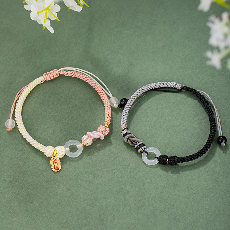 Safety Buckle Sterling Silver 925 Couple Bracelet Men's and Women's New Chinese National Fashion Chalcedony Bracelet Ins Style Lucky Bracelet