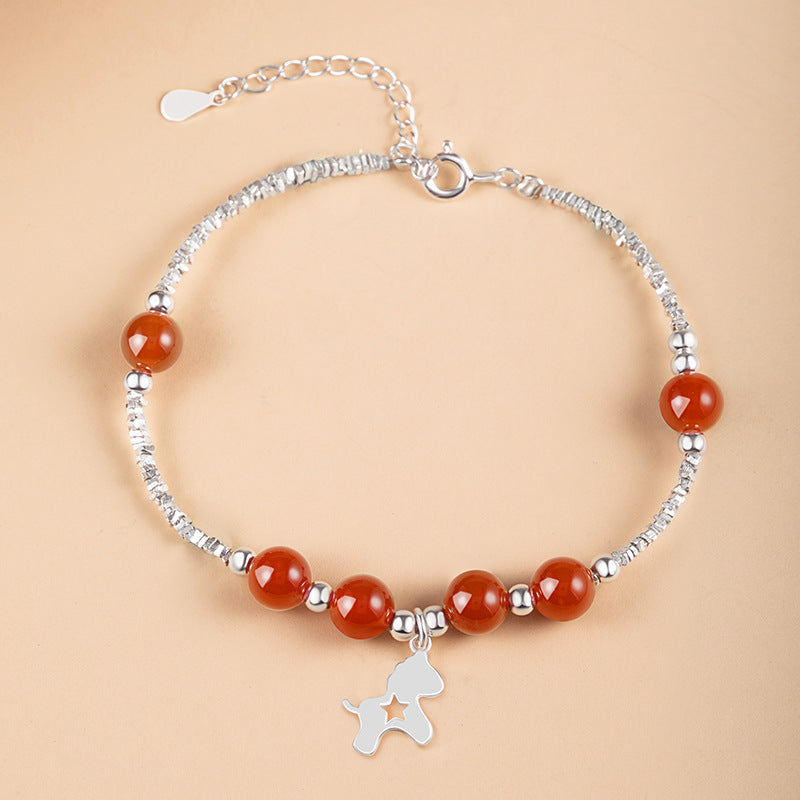 Immediately Rich Flower Sterling Silver 925 Bracelet Women's Light Luxury Red Agate Birth Year Bracelet Ins Style Zodiac Horse Bracelet