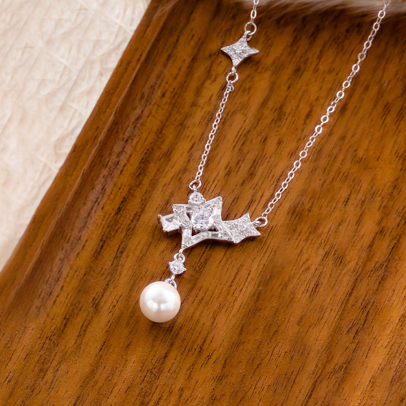 S925 Sterling Silver Star Pearl Necklace Light Luxury Niche High-Grade Versatile Temperament Clavicle Chain Silver Jewelry Gift Wholesale
