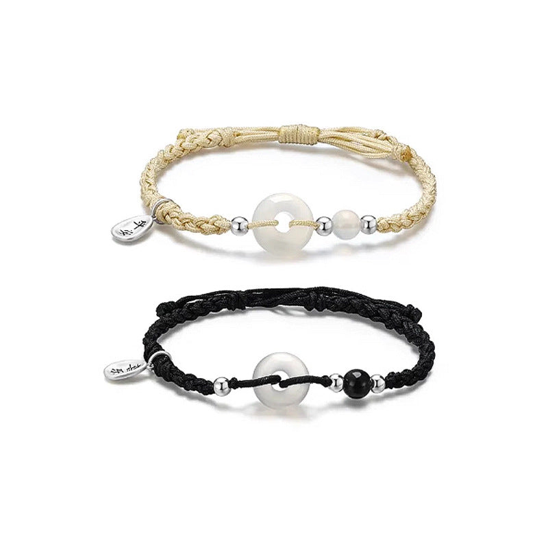Safety Buckle Sterling Silver 925 Couple Bracelet New Chinese National Fashion Chalcedony Safety Buckle Bracelet Happy Black Agate Bracelet