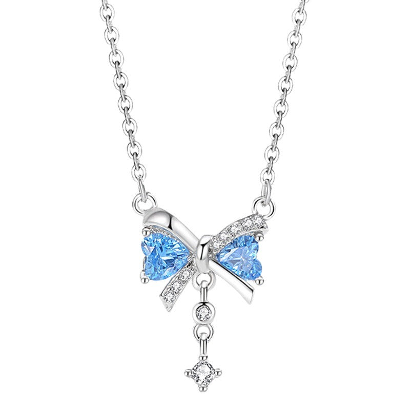 Bowknot Sterling Silver 925 Necklace Female Niche Design Light Luxury Tassel Clavicle Chain Ins Style Lovely Zircon Pendant