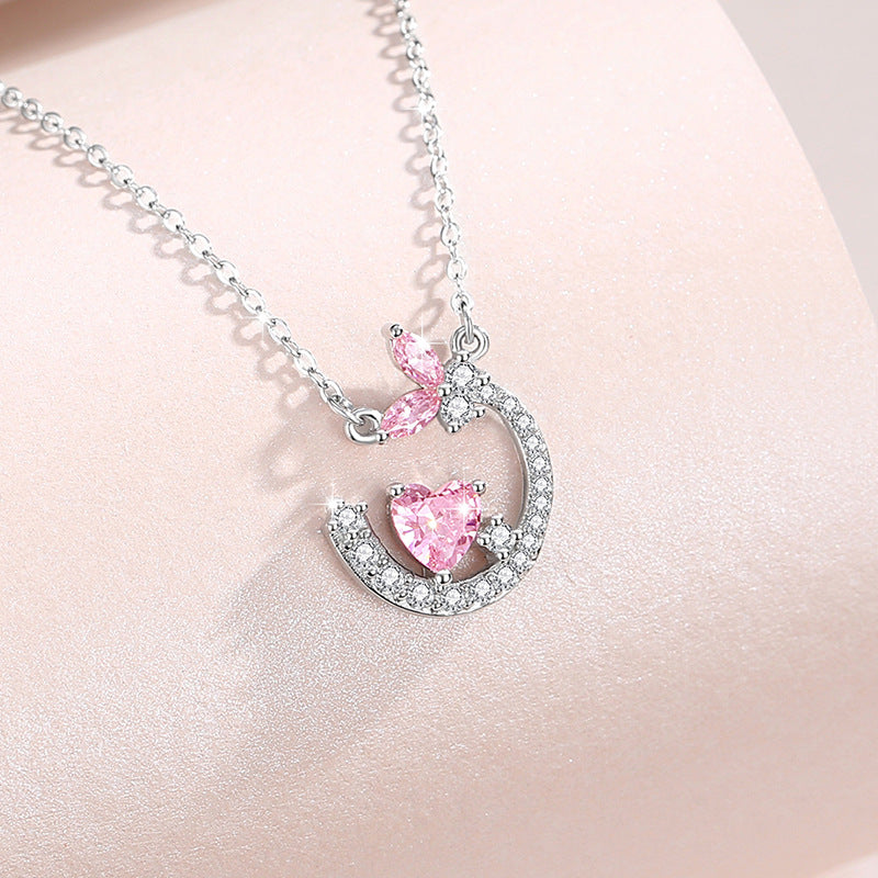 Butterfly Sterling Silver 925 Necklace Women's Fashion Versatile Moon Clavicle Chain 520 Valentine's Day Love Pink Diamond Pendant