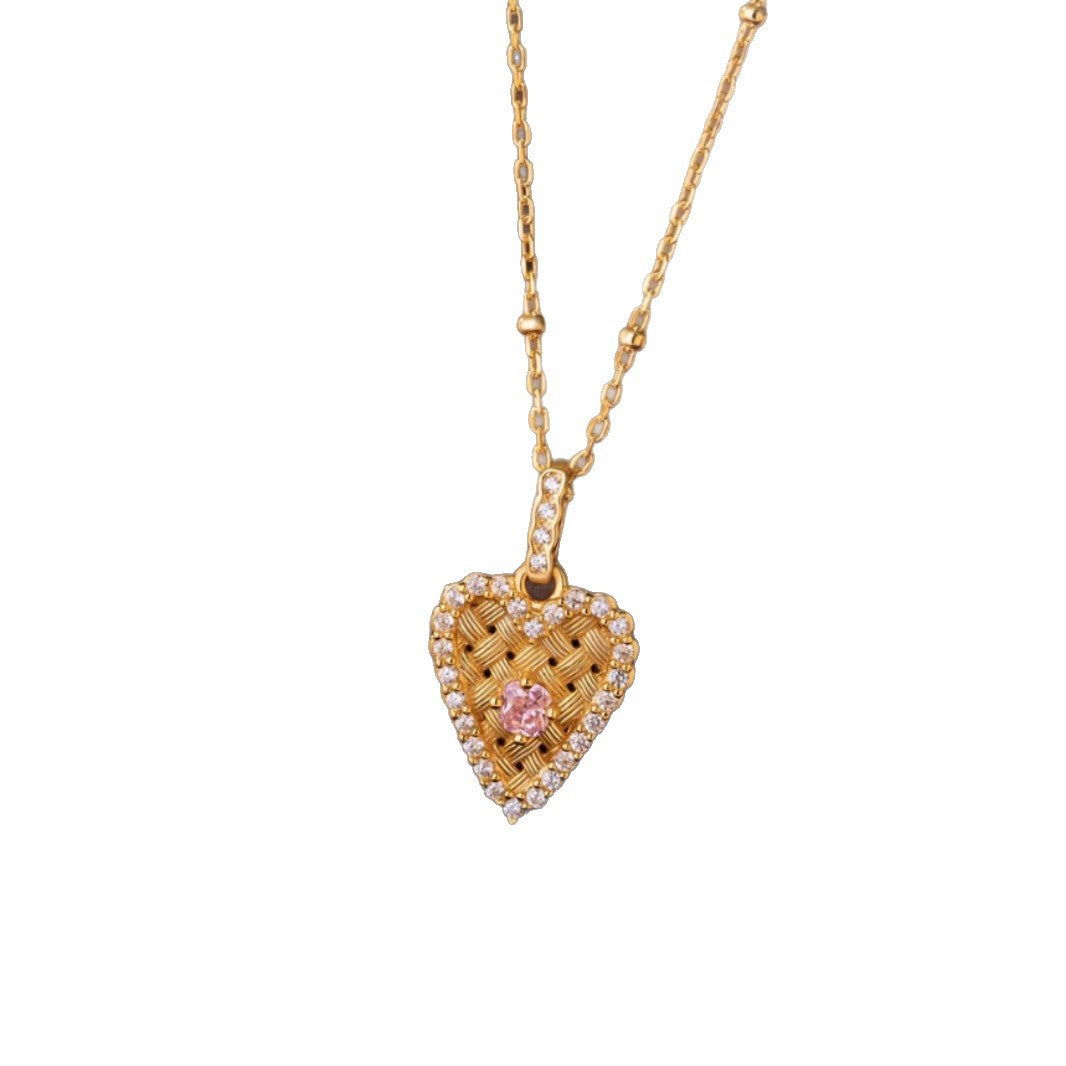 Light Luxury Retro Socialite Style Diamond-Embedded Brushed Woven Love Pendant Necklace New Simple High Sense Stacked Necklace