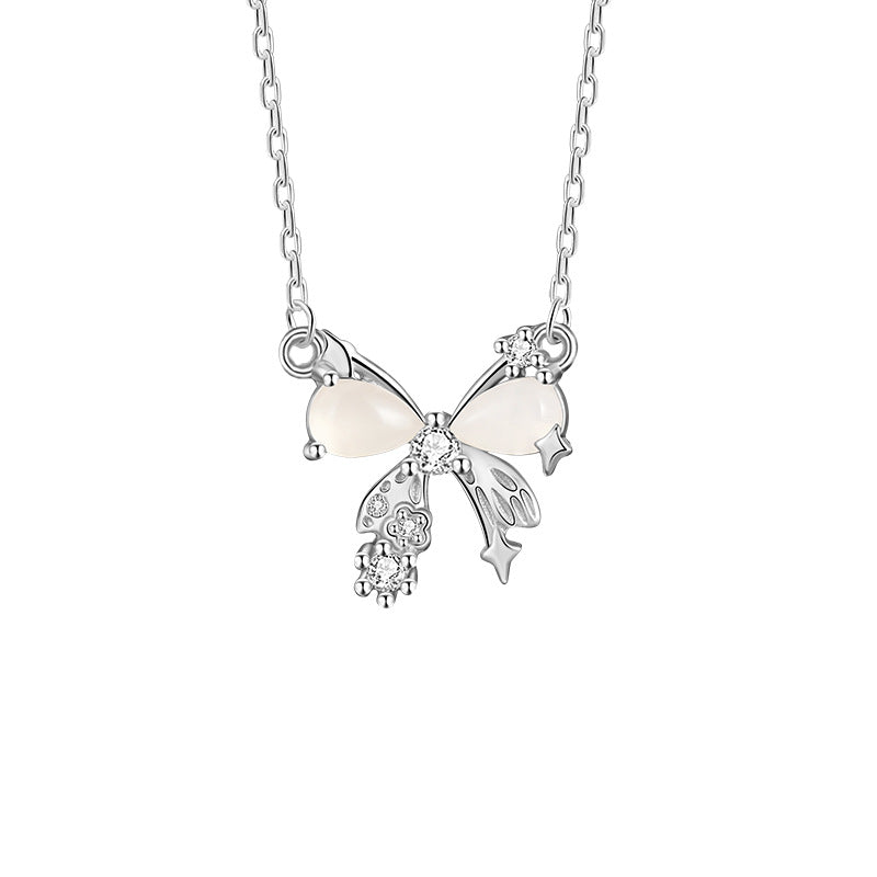 Fantasy Star White Chalcedony Bow Pendant S925 Sterling Silver Diamond-Embedded Clavicle Chain High-Grade Sweet Style for Girlfriend
