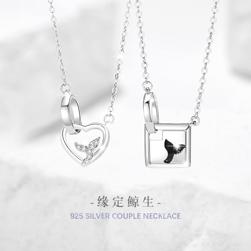 Whale Has You Sterling Silver 925 Couple Necklace Men and Women Fashion All-Match Fishtail Clavicle Chain Ins Style Love Pendant