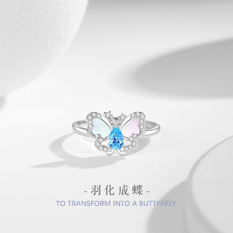 Original Butterfly Sterling Silver 925 Ring Women's Fashion All-Match Sea Blue Zircon Ring Ins Style White Fritillary Ring