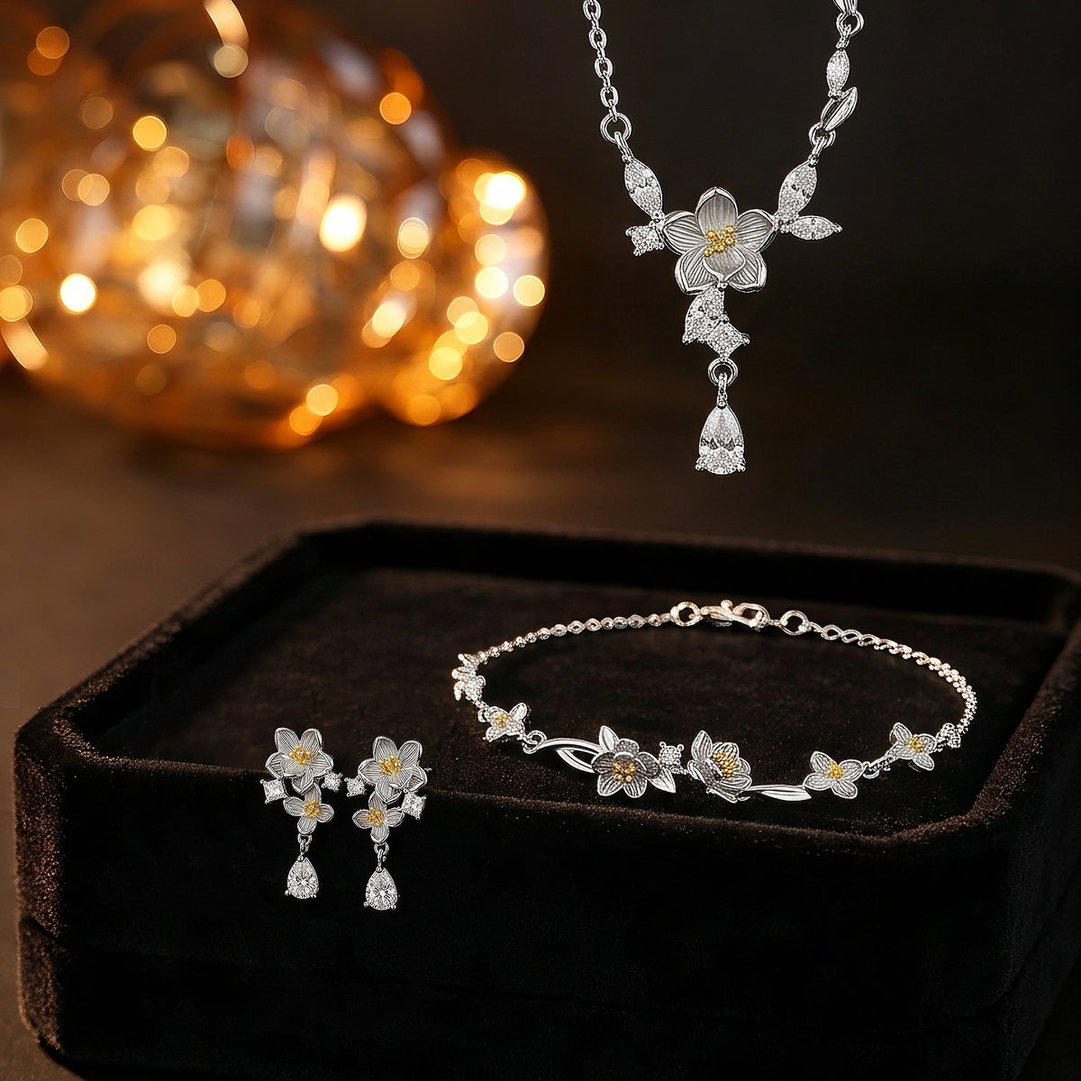 S925 Sterling Silver Necklace Bracelet Stud Earrings Set New Chinese Style Jasmine Design Gift for Girlfriend