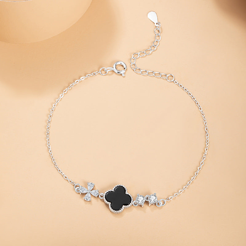 Lucky Clover Sterling Silver 925 Necklace Women's Light Luxury High-Grade Black Agate Flower Clavicle Chain Ins Zircon Pendant