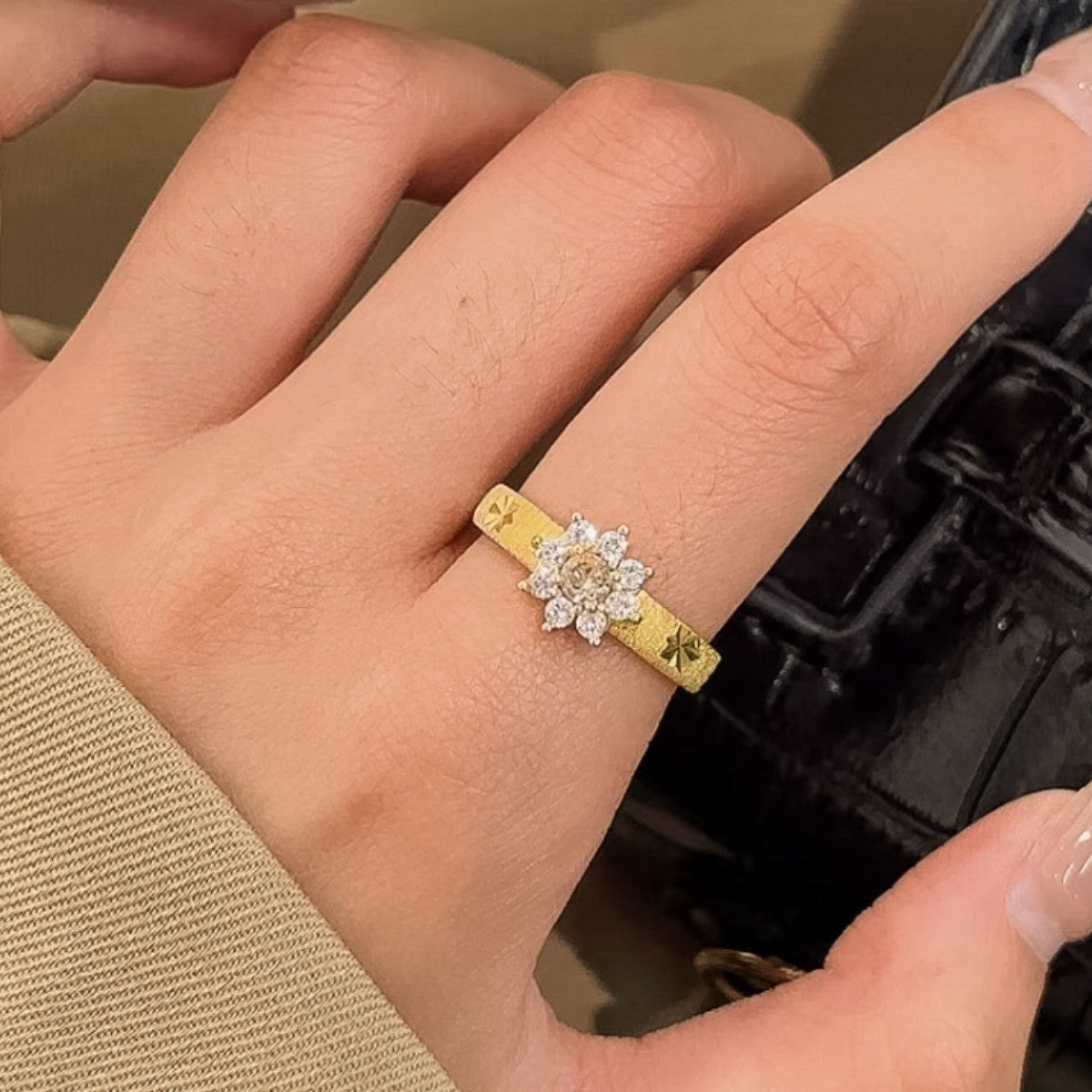 Sunflower Sterling Silver 925 Ring Women's Vintage Court Style Zircon Flower Ring Ins Style Brushed Ice Flower Ring