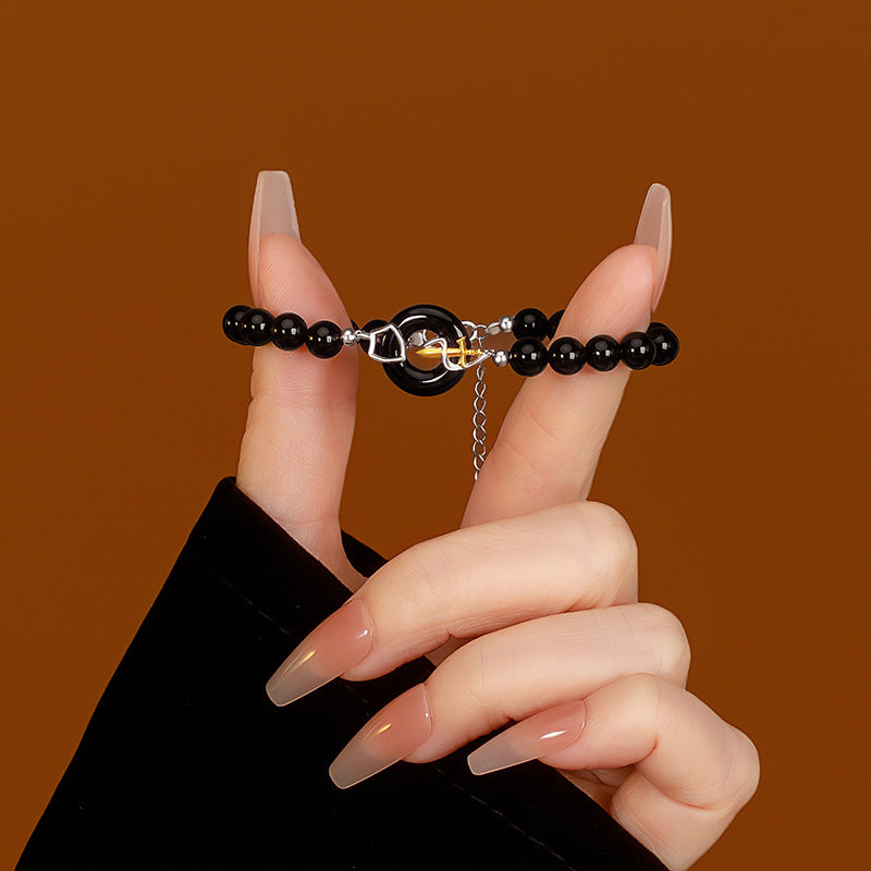 Princess and Knight Couple's S925 Sterling Silver Necklace Bracelet Set Black and White Agate Safety Buckle Silver Jewelry Gift for Women
