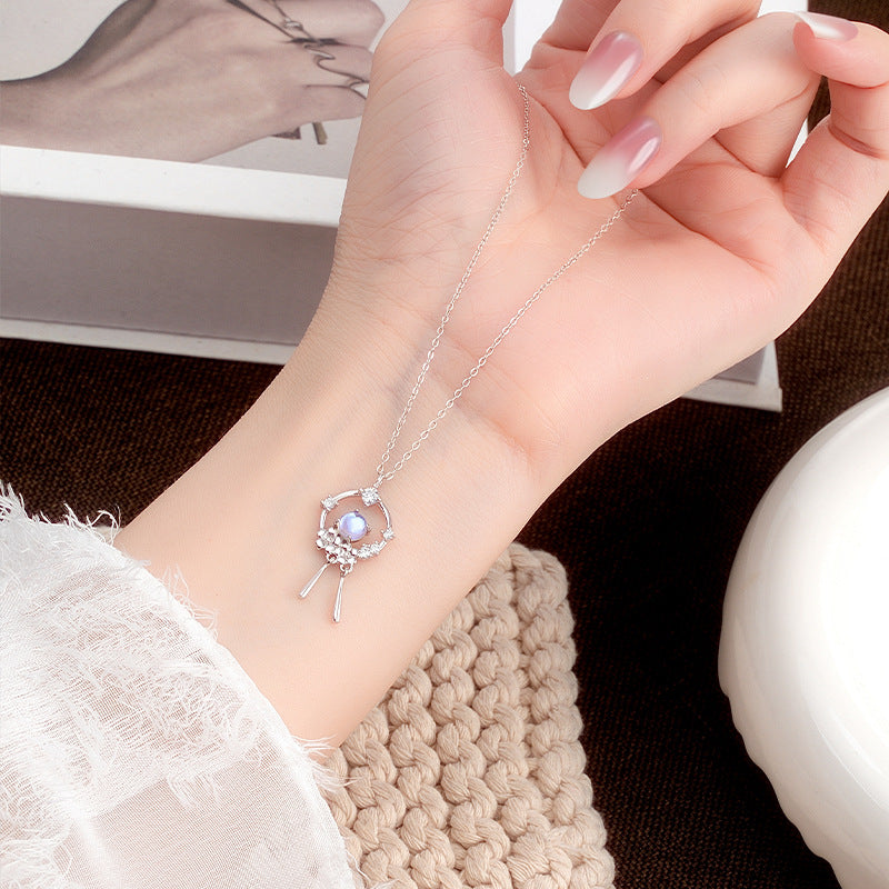 New Chinese Style S925 Sterling Silver Necklace Female Moonstone Tassel Pendant National Style Clavicle Chain Light Luxury Jewelry Factory Wholesale
