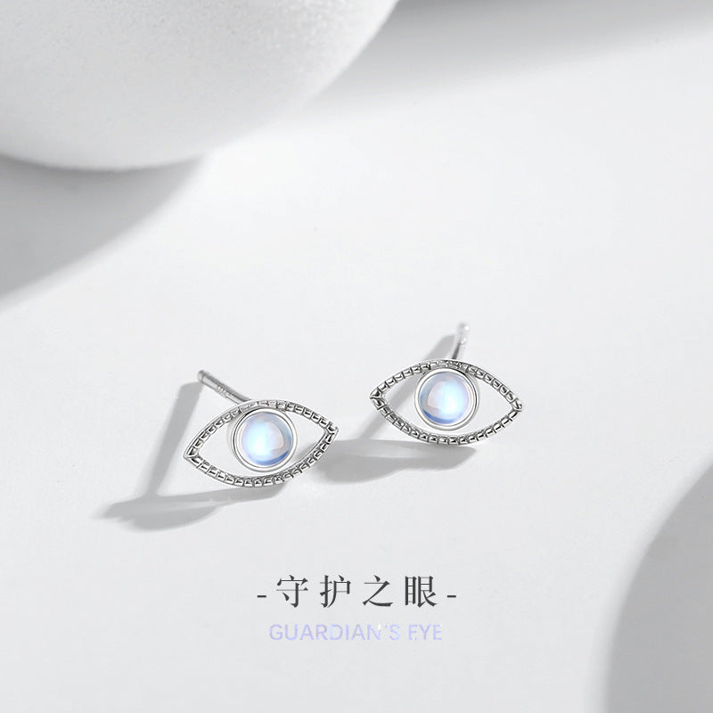 Devil's Eye Sterling Silver 925 Stud Earrings Female Niche Design Light Luxury Moonstone Earrings Ins Style Eye Earrings