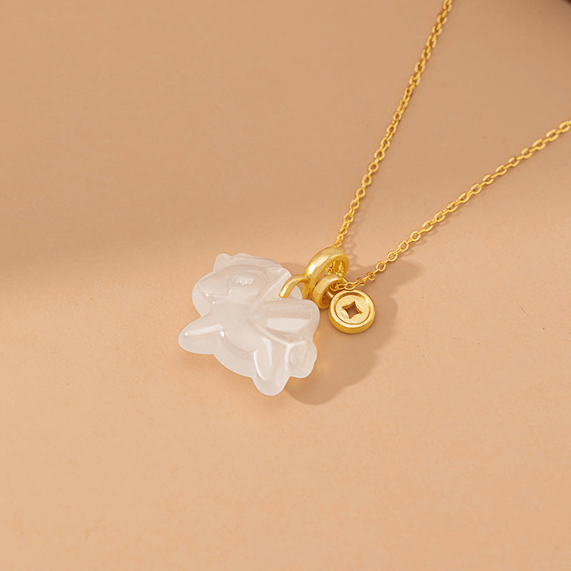 Immediately Rich Sterling Silver 925 Necklace Women's New Chinese Style Birth Year White Agate Copper Coin Clavicle Chain Zodiac Horse Pendant