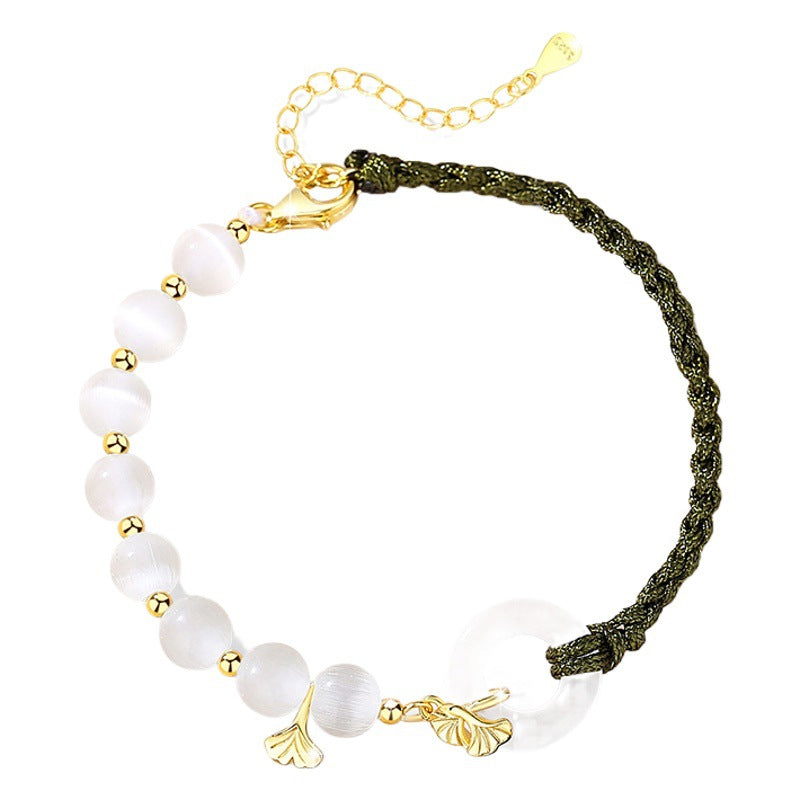 Safety Buckle Chalcedony Sterling Silver 925 Bracelet Women's National Fashion Light Luxury Opal Apricot Leaf Bracelet Lucky Bracelet