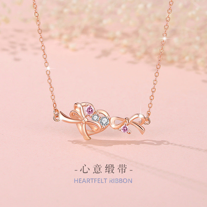 Bowknot Sterling Silver 925 Necklace Female Niche Design Light Luxury Zircon Clavicle Chain Get Things Ins Style Love Pendant