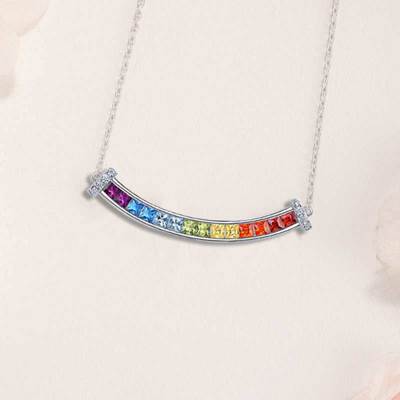 Smile Rainbow Sterling Silver 925 Necklace Female Sweet Cute Style Pink Zircon Clavicle Chain Ins Dopamine Pendant