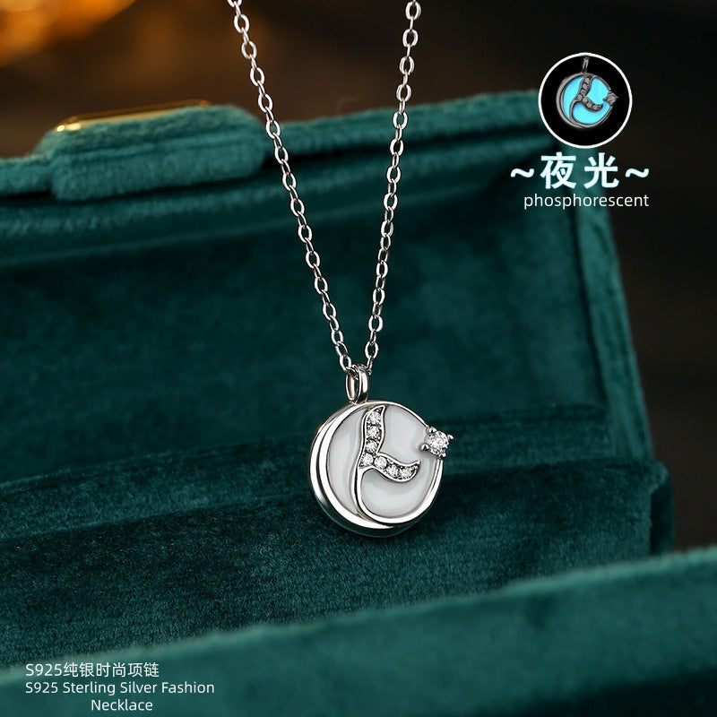 S925 Sterling Silver Necklace Female Mermaid Luminous Enamel Drop Oil Pendant Niche Girlfriends Clavicle Chain Valentine's Day Gift