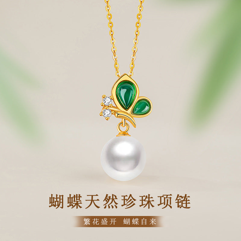 Butterfly Sterling Silver 925 Chalcedony Necklace Women's Light Luxury High-Grade Natural Freshwater Pearl Clavicle Chain Ins Zircon Pendant