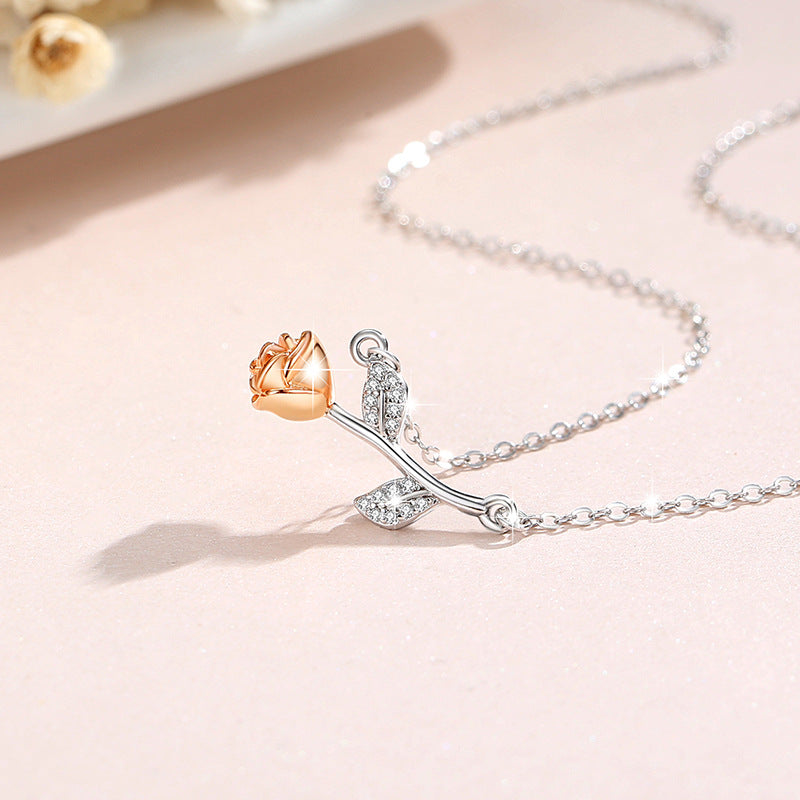 Rose Sterling Silver 925 Necklace for Women, Niche Design, Light Luxury Zircon Clavicle Chain, INS Style Flower Pendant