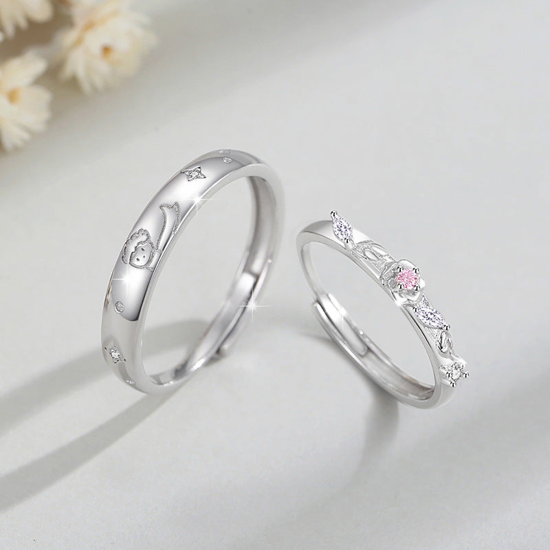 Little Prince and Rose Sterling Silver 925 Couple Ring Men and Women Fashion All-Match Pink Diamond Ring Star Pair Ring