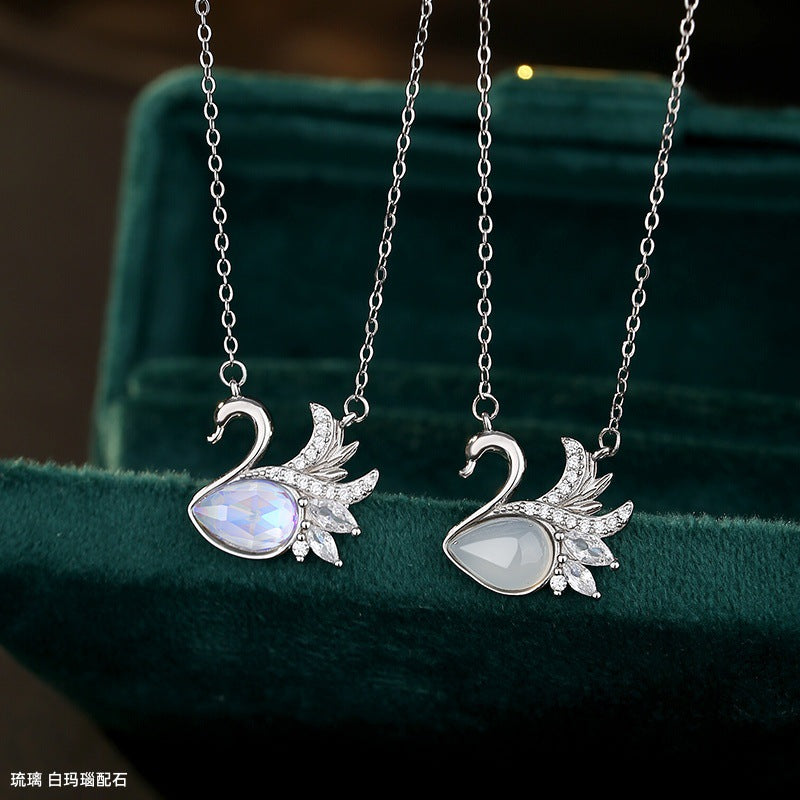 S925 Sterling Silver Natural White Agate Necklace Female Niche Design Sense Korean Gentle Style Clavicle Chain Double Swan Pendant