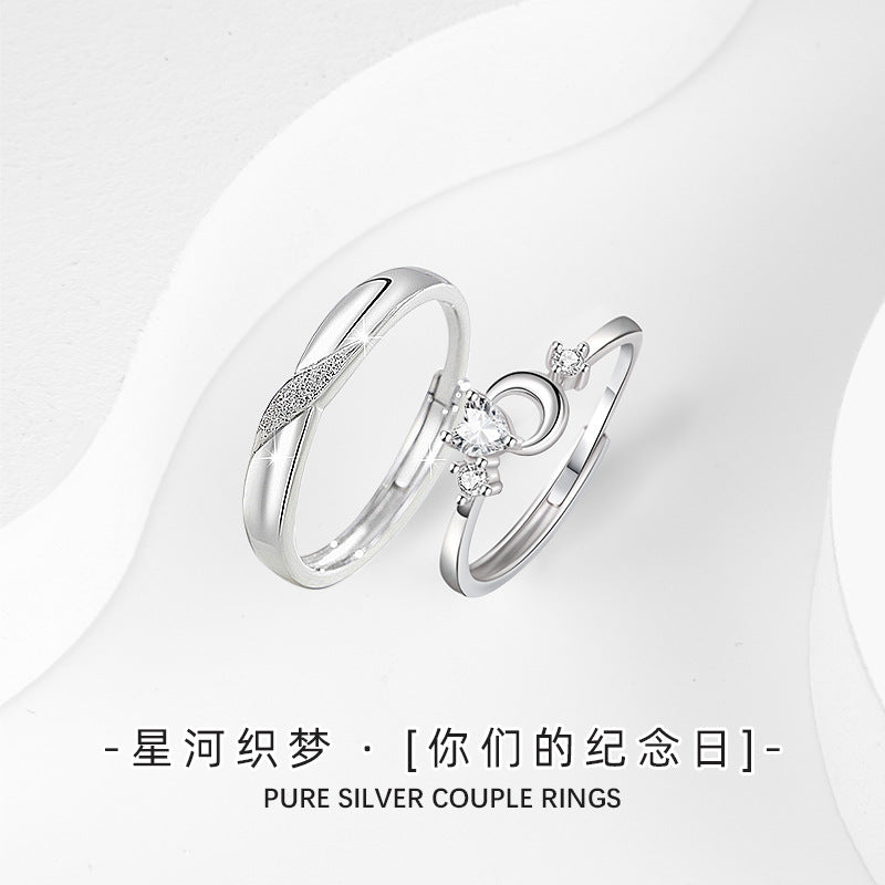 Light Luxury Couple Ring S925 Sterling Silver Japanese and Korean Trendy Student Niche Love White Crystal Design Open Mouth Ring